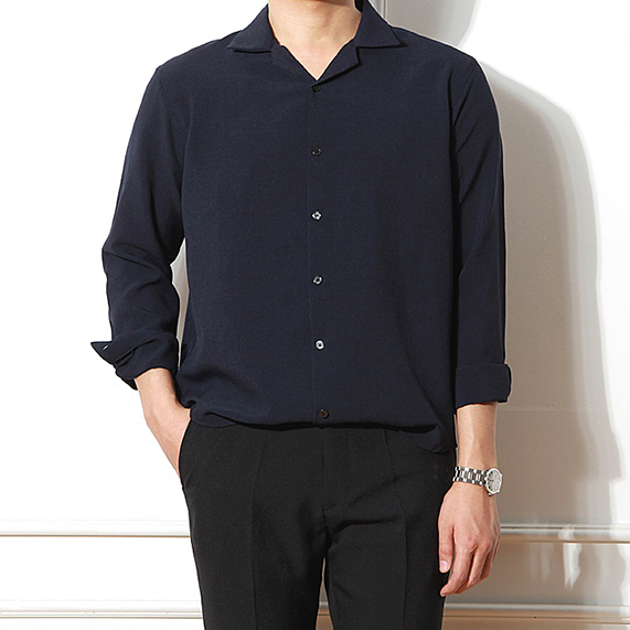 s/s (loose fit.) open collar Linen shirts - sh (black,navy)